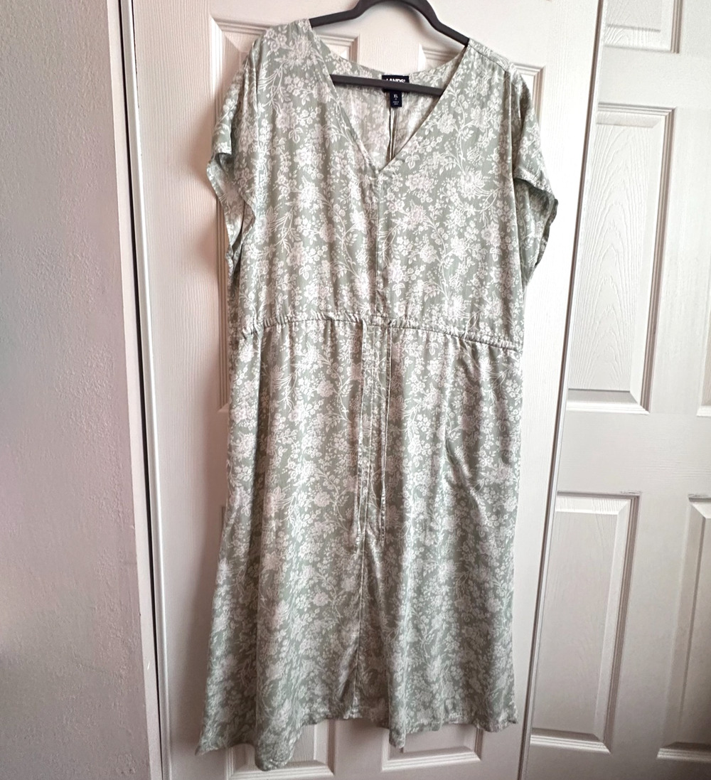 Lands End Womens 18 Sage & White Floral Short Sleeve Midi Dress Drawstring Waist